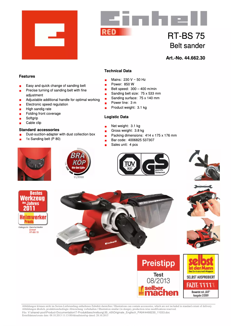 Page 1 de la notice Fiche technique Einhell TE-BS 8540 E