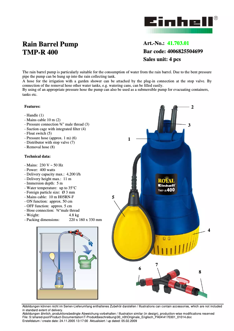 Page n°1 - Manuel utilisateur Einhell Royal TMP-R 400
