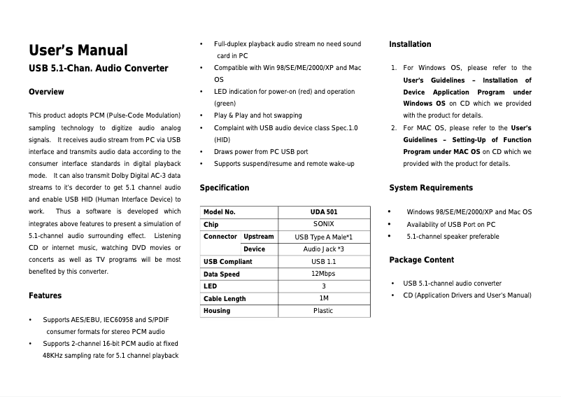 Page n°1 - Manuel utilisateur Equip USB > 5.1 Audio-Converter