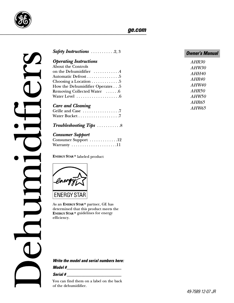 First page image of the manual for AHR65LL