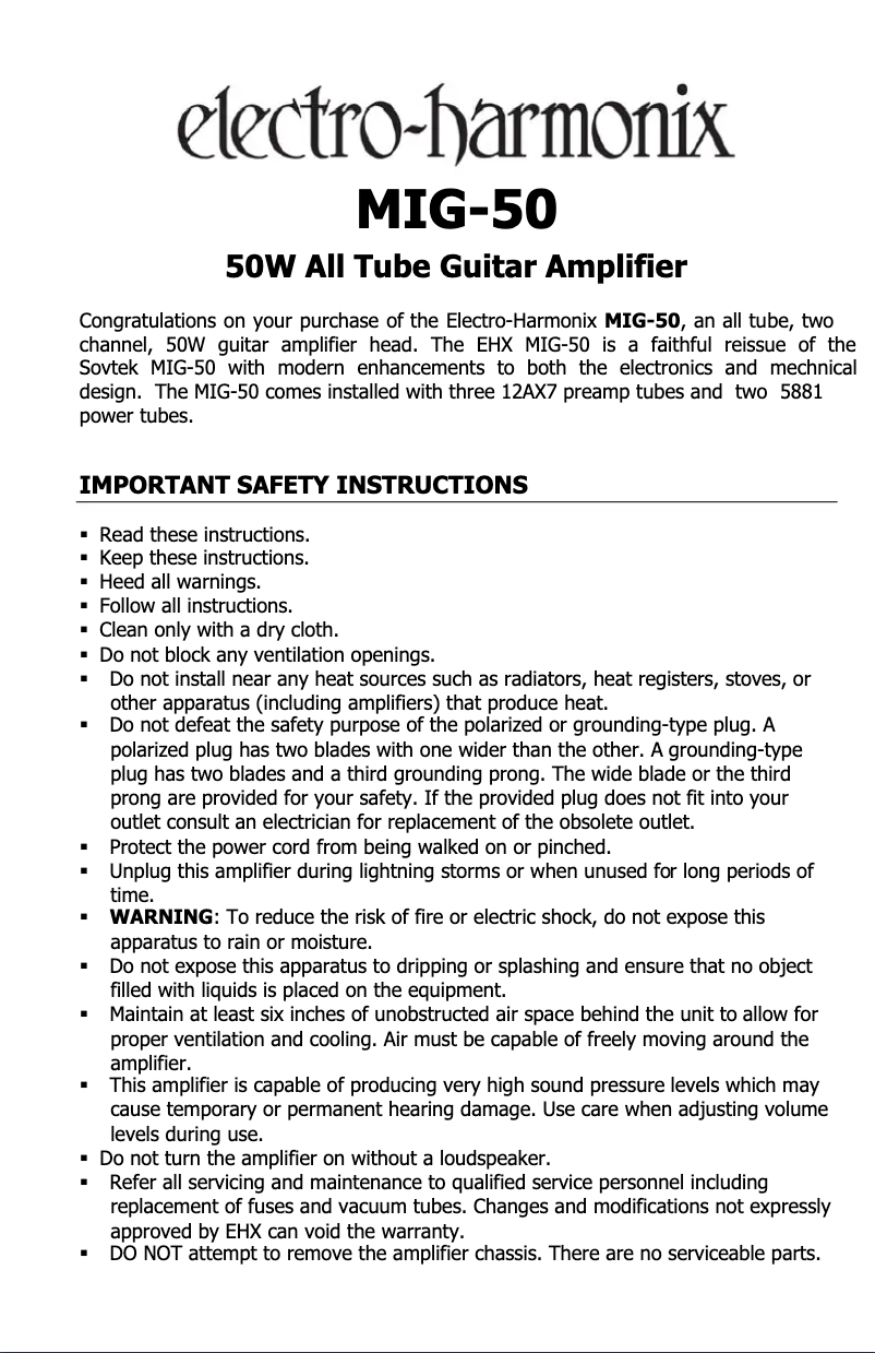 Page 1 de la notice Manuel utilisateur Electro Harmonix MIG-50 MKII
