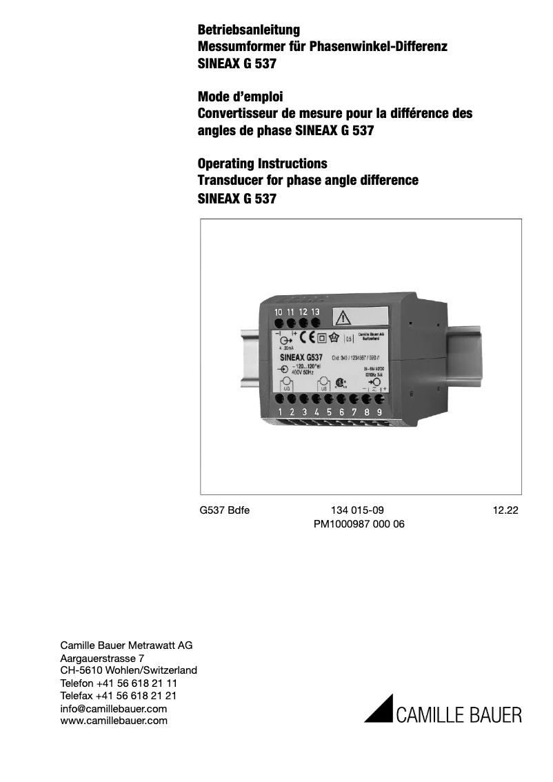 Page 1 de la notice Manuel utilisateur Camille Bauer SINEAX G537