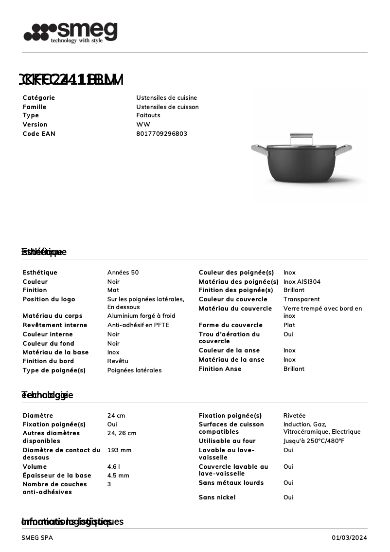 Page 1 de la notice Fiche technique Smeg CKFC2411BLM