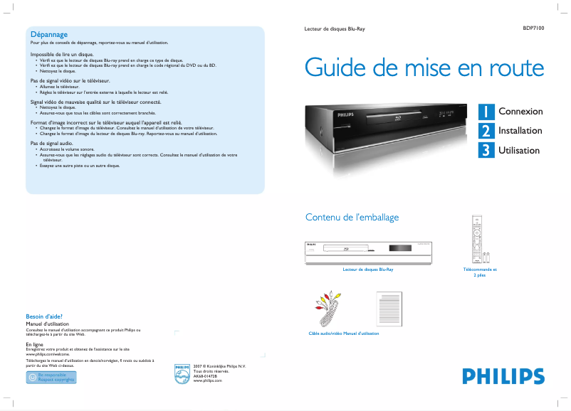 Page 1 de la notice Guide de démarrage rapide Philips BDP7100