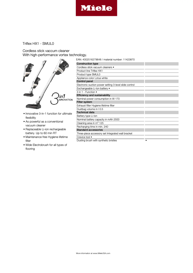 Page 1 de la notice Fiche technique Miele Triflex HX1
