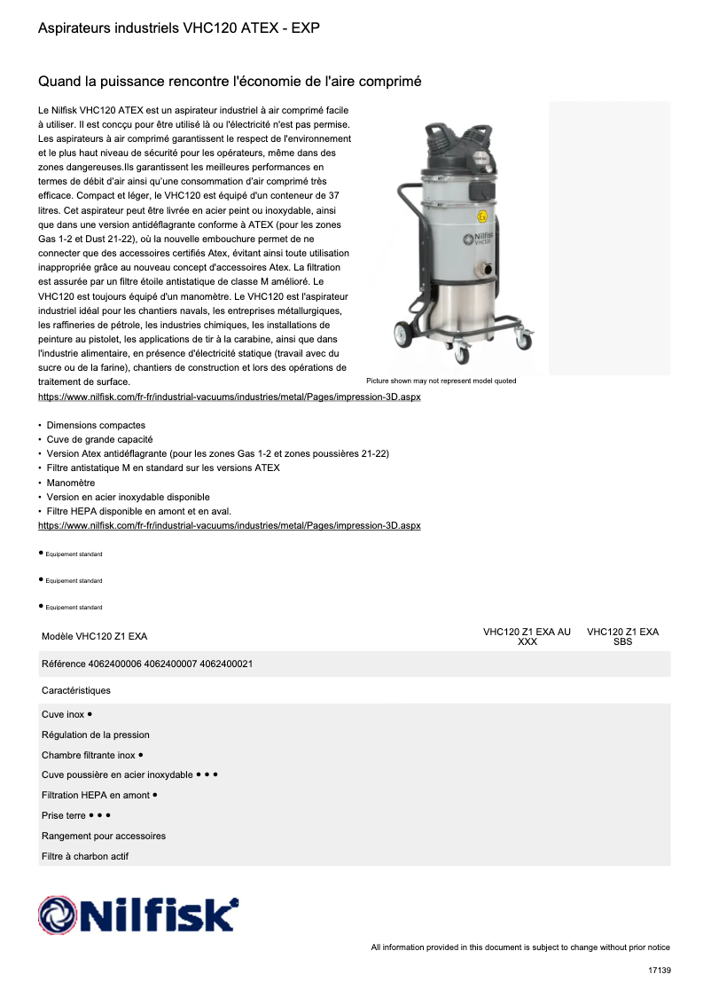 Page 1 de la notice Fiche technique Nilfisk VHC120