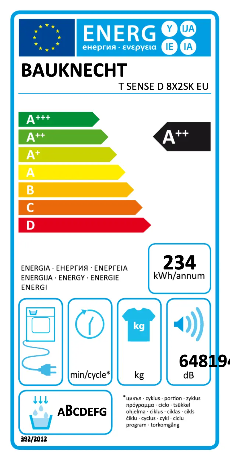 Page n°1 - Label énergétique Bauknecht T Sense D 8X2SK EU