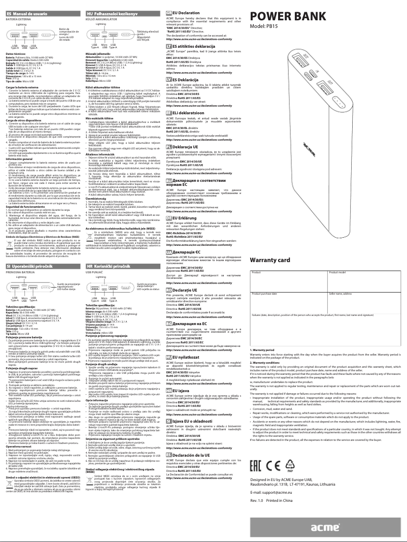 Page 1 de la notice Manuel utilisateur Acme PB15G
