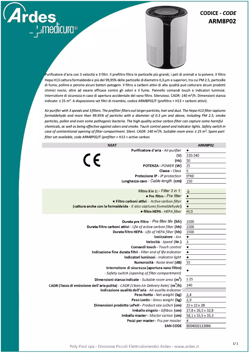 Page 1 de la notice Fiche technique Ardes ARM8P02
