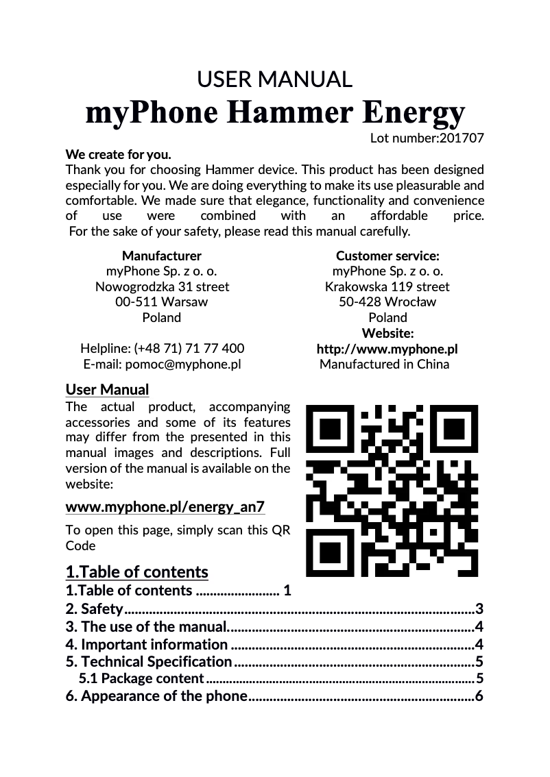 Page 1 de la notice Manuel utilisateur myPhone Hammer Energy