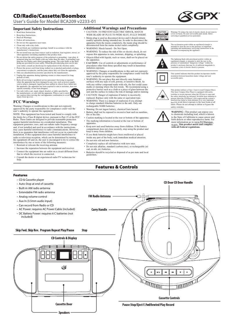 Page n°1 - Manuel utilisateur GPX BCA209