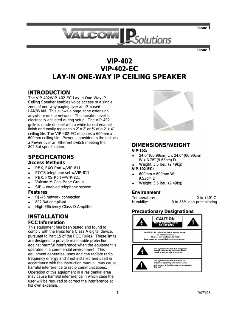 Page n°1 - Manuel utilisateur Valcom VIP-402