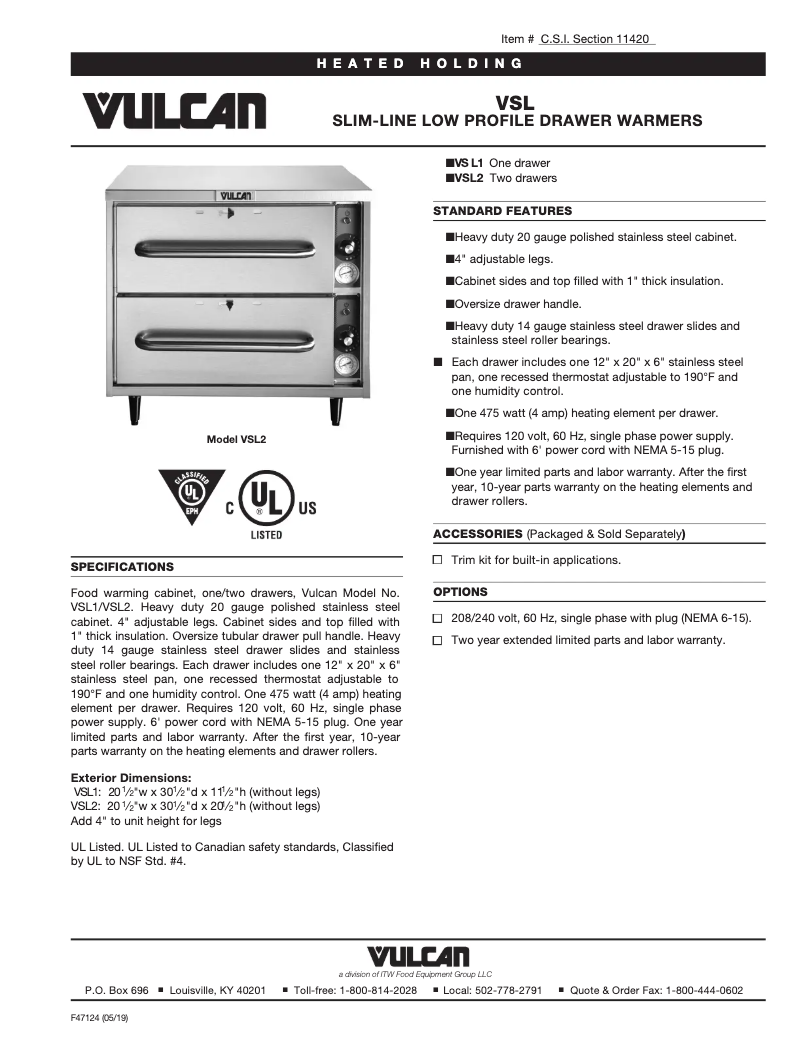 Page 1 de la notice Fiche technique Vulcan VSL2