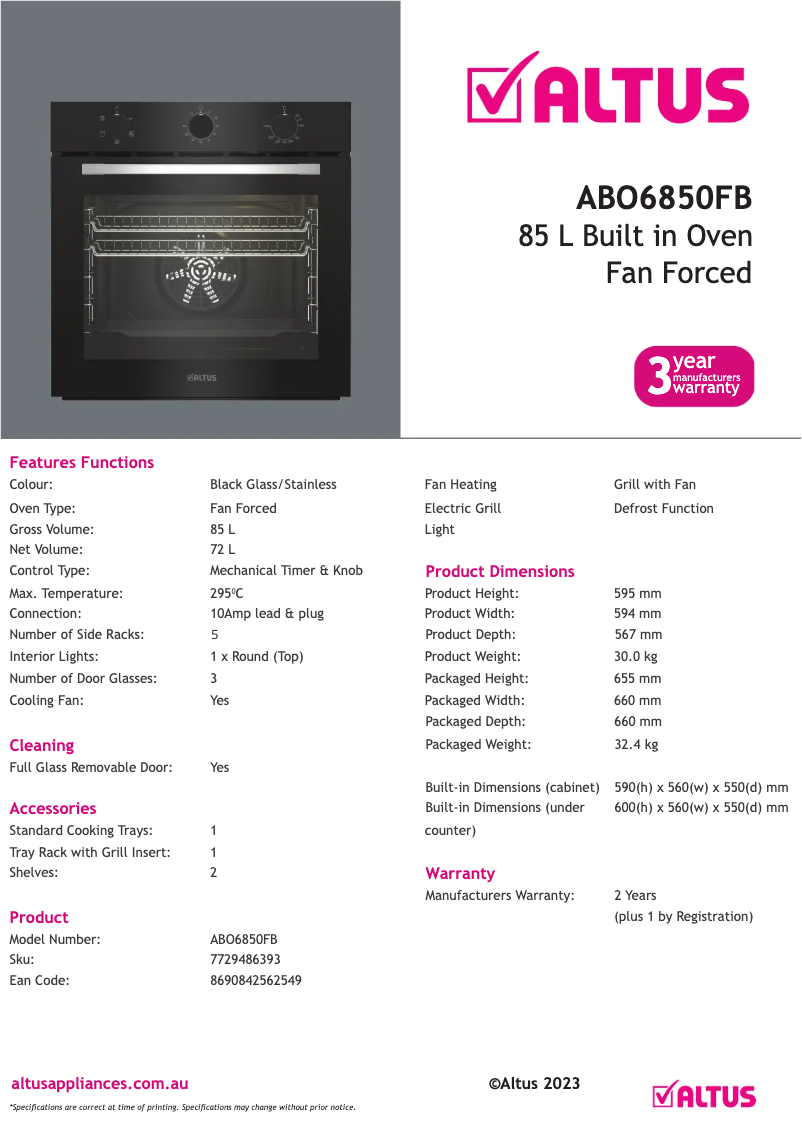 Página 1 del manual Ficha técnica Altus ABO6850FB