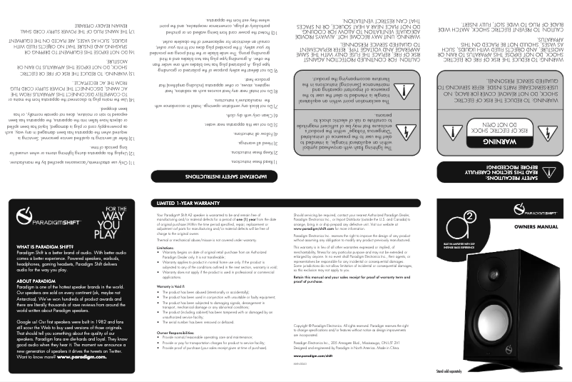 Page 1 de la notice Manuel utilisateur Paradigm Shift A2