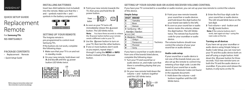 Page 1 de la notice Manuel utilisateur Insignia NS-RMTSAM21
