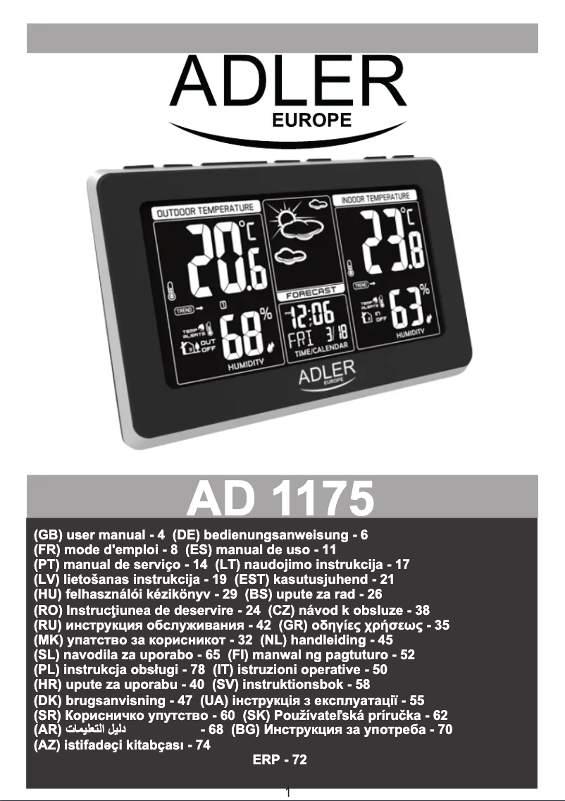 Page 1 de la notice Manuel utilisateur Adler AD 1175