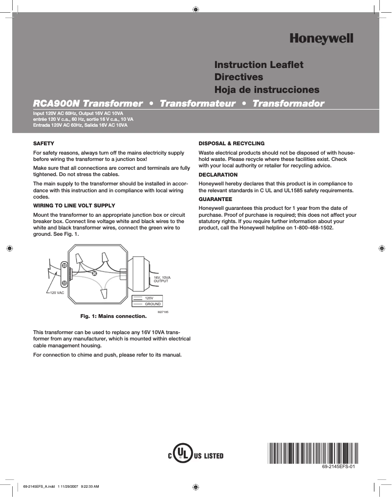 Page 1 de la notice Manuel utilisateur Honeywell RCA900N1008/A