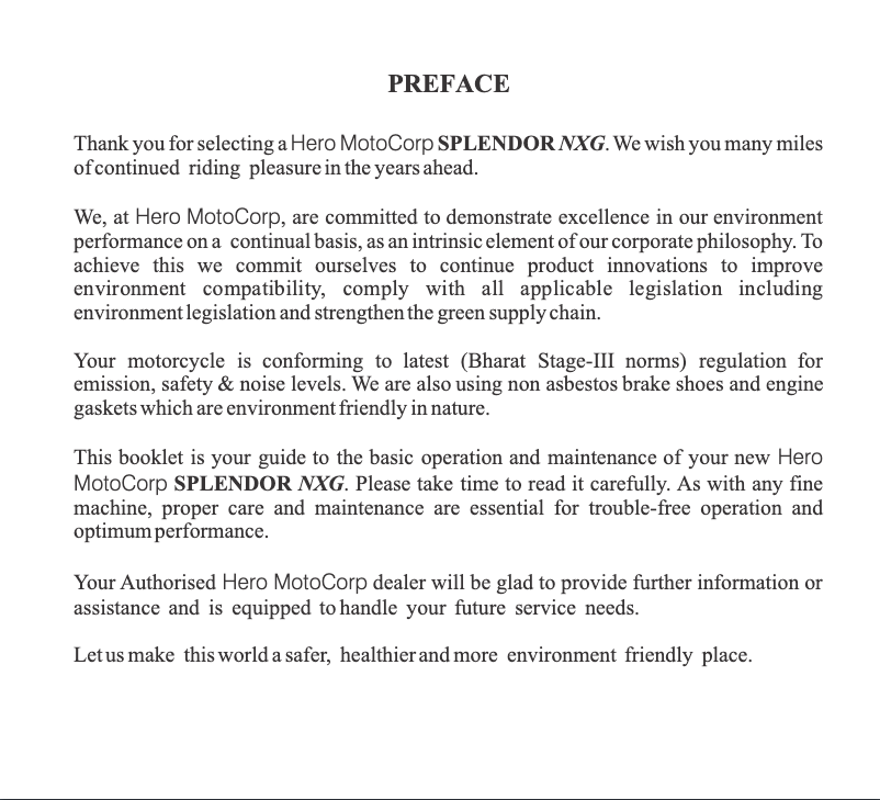 Image de la première page du manuel de l'appareil Splendor NXG (2014)