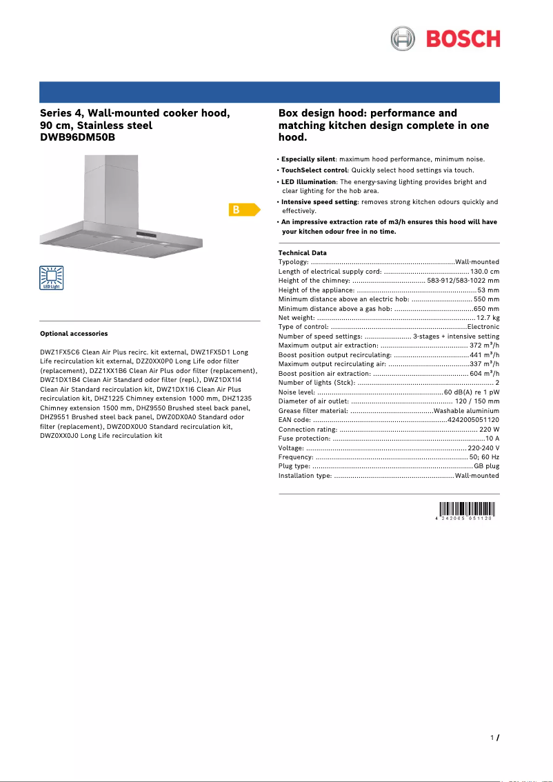 Página 1 del manual Ficha técnica Bosch DWB96DM50B
