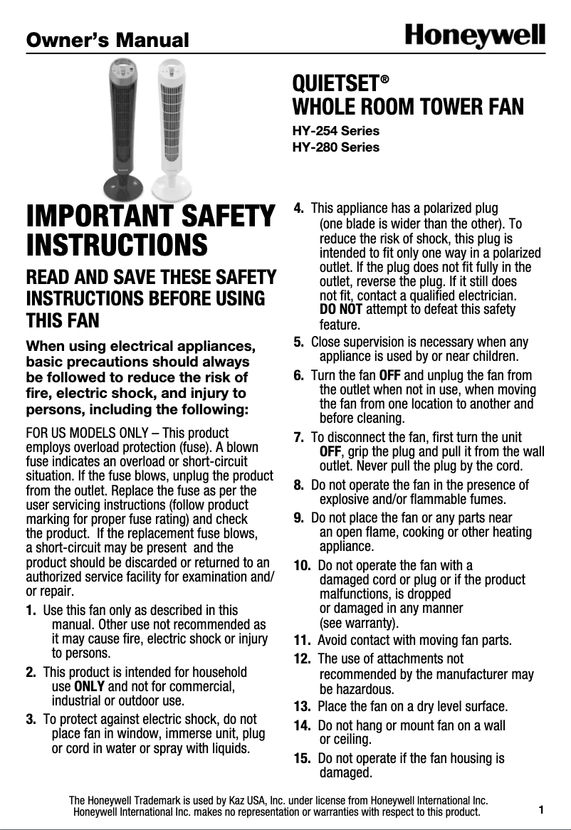 Page 1 de la notice Manuel utilisateur Honeywell QuietSet HY-254