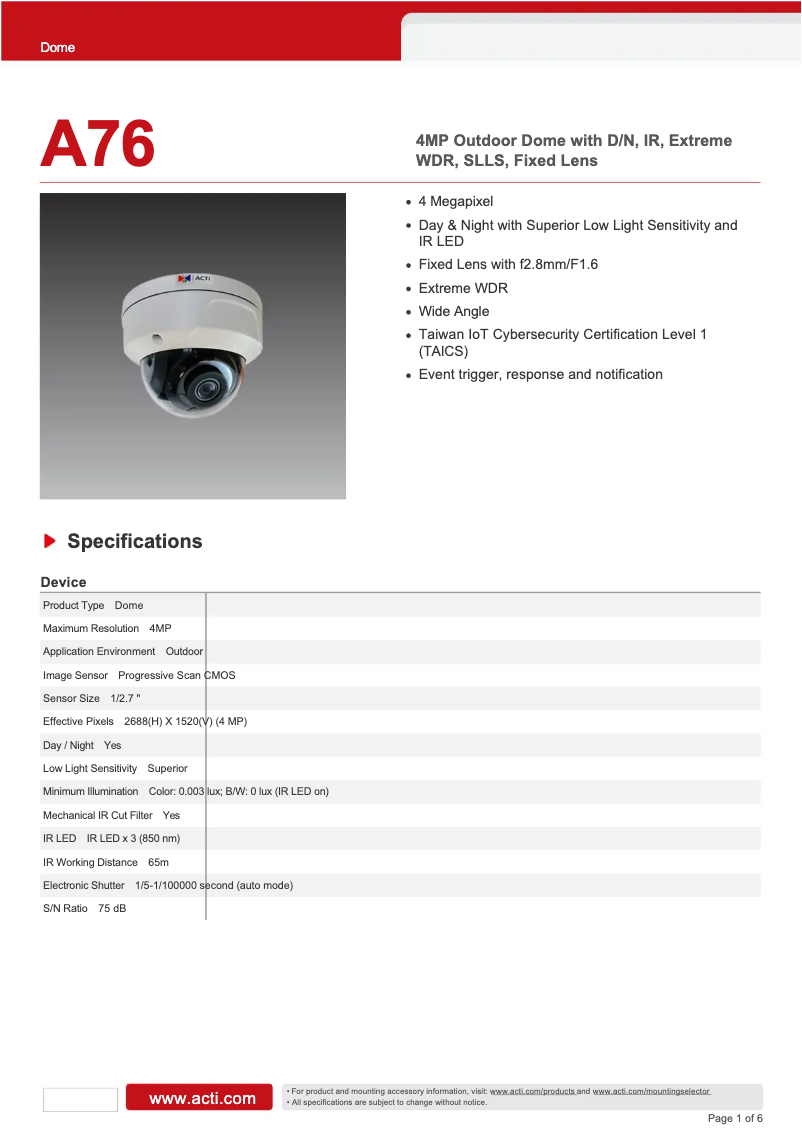 Page n°1 - Fiche technique ACTi A76