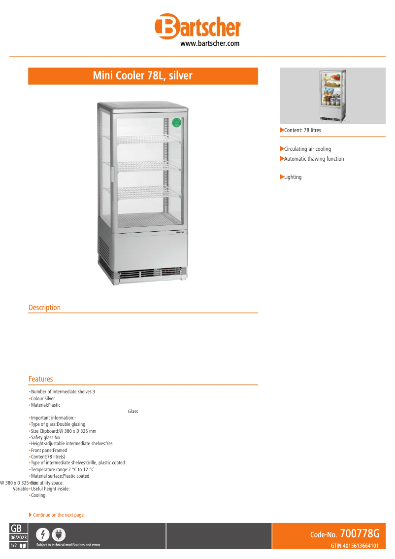 Página 1 del manual Ficha técnica Bartscher 700778G