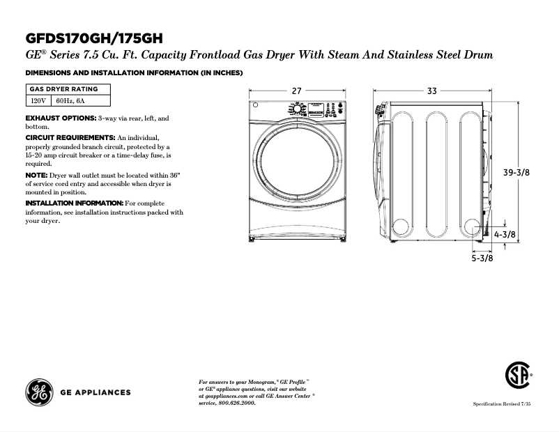 Página 1 del manual Ficha técnica GE GFDS175GHDG