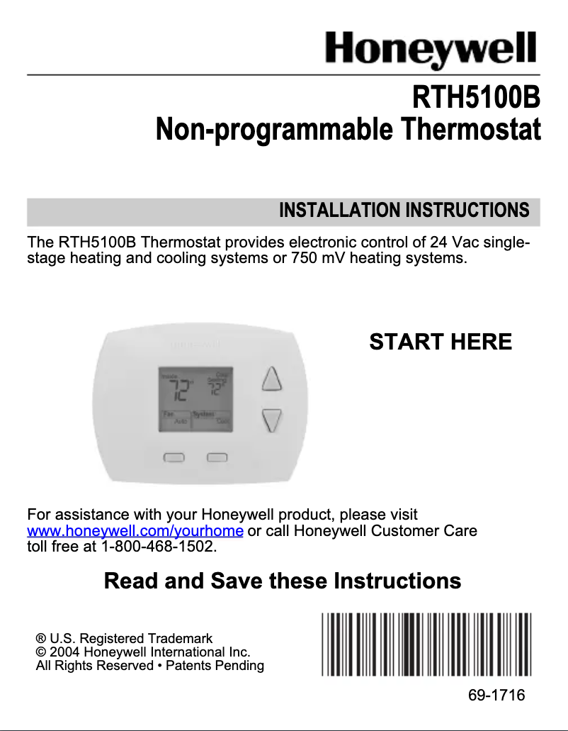 Page 1 de la notice Guide d'installation Honeywell RTH5100B