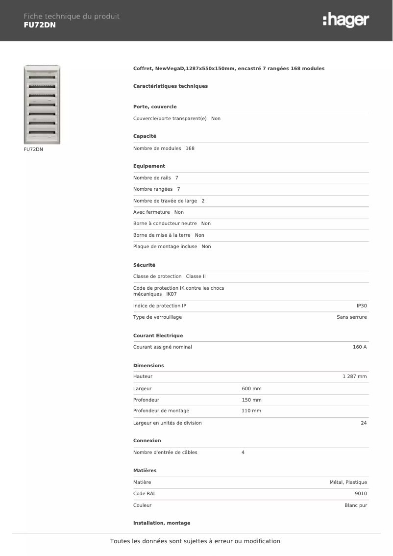 Page 1 de la notice Fiche technique Hager FU72DN