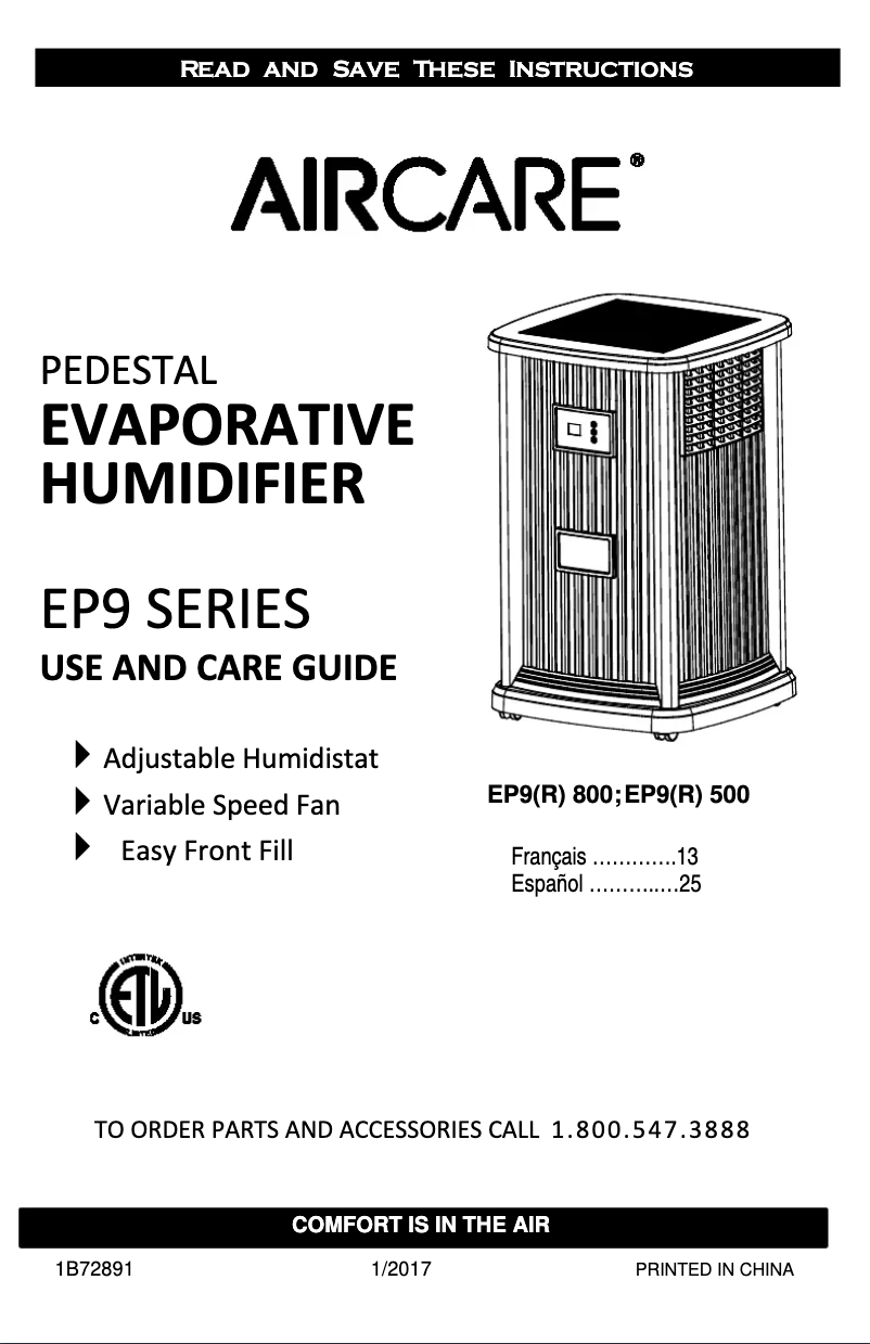 Page n°1 - Manuel utilisateur AirCare Pedestal EP9-500
