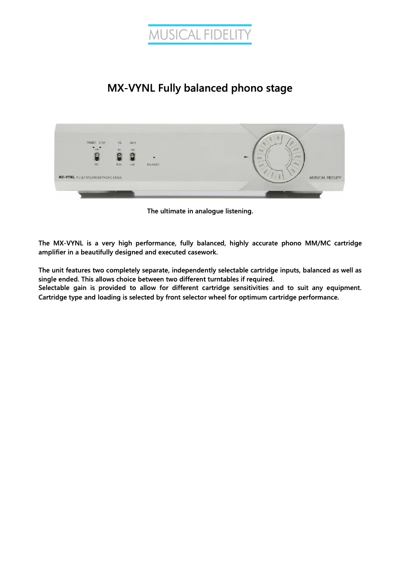 Page 1 de la notice Manuel utilisateur Musical Fidelity MX-VYNL