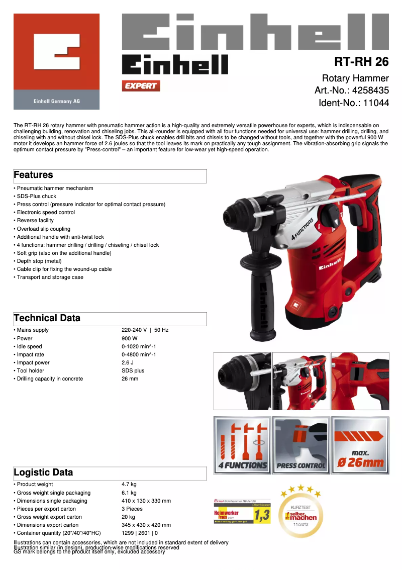 Page 1 de la notice Fiche technique Einhell RT-RH 26