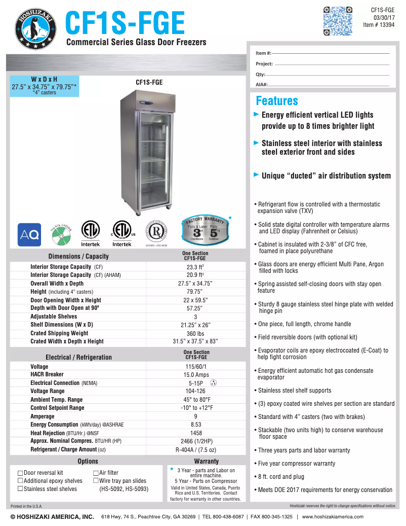 Page 1 de la notice Fiche technique Hoshizaki Commercial CF1S-FGE