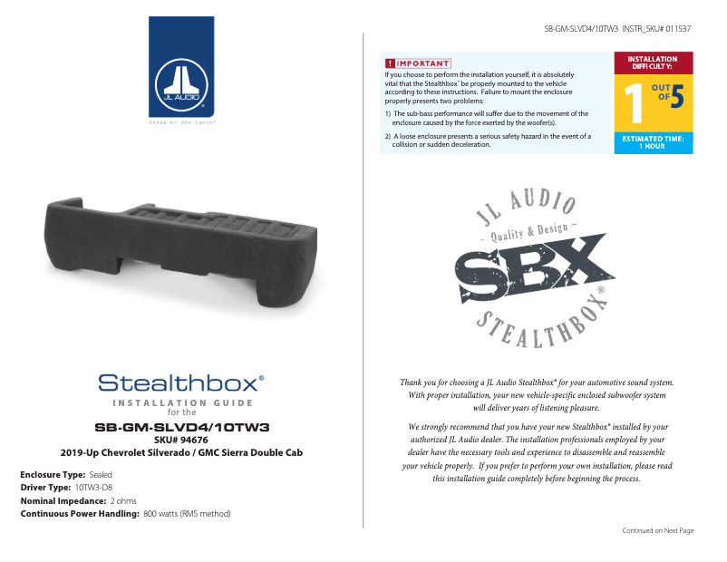 Page 1 de la notice Manuel utilisateur JL Audio Stealthbox SB-GM-SLVD4/10TW3