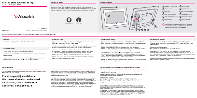 Page 1 de la notice Guide de démarrage rapide Aluratek ADPFD10F