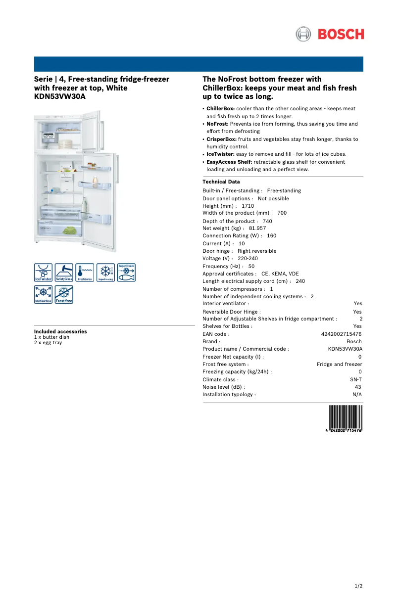 Page n°1 - Fiche technique Bosch KDN53VW30A
