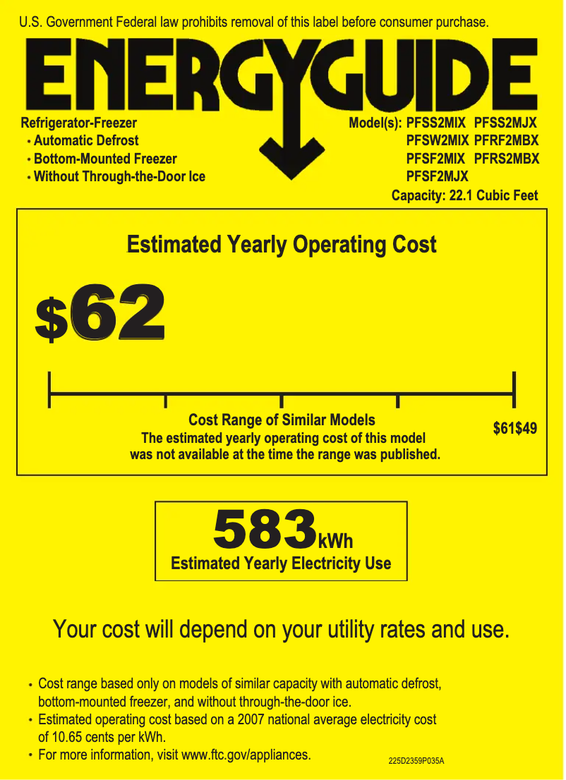 Page 1 de la notice Label énergétique GE PFSF2MJXWW
