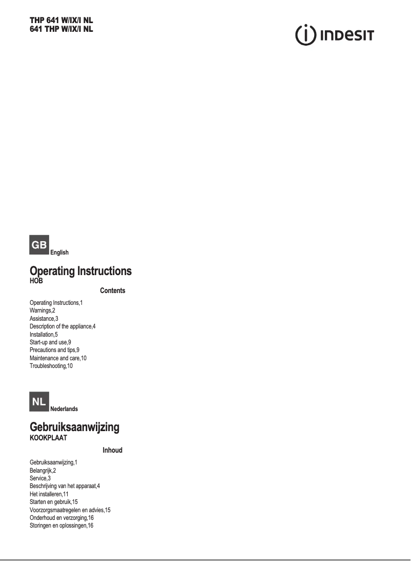 Page n°1 - Manuel utilisateur Indesit THP 641 W/IX/I NL