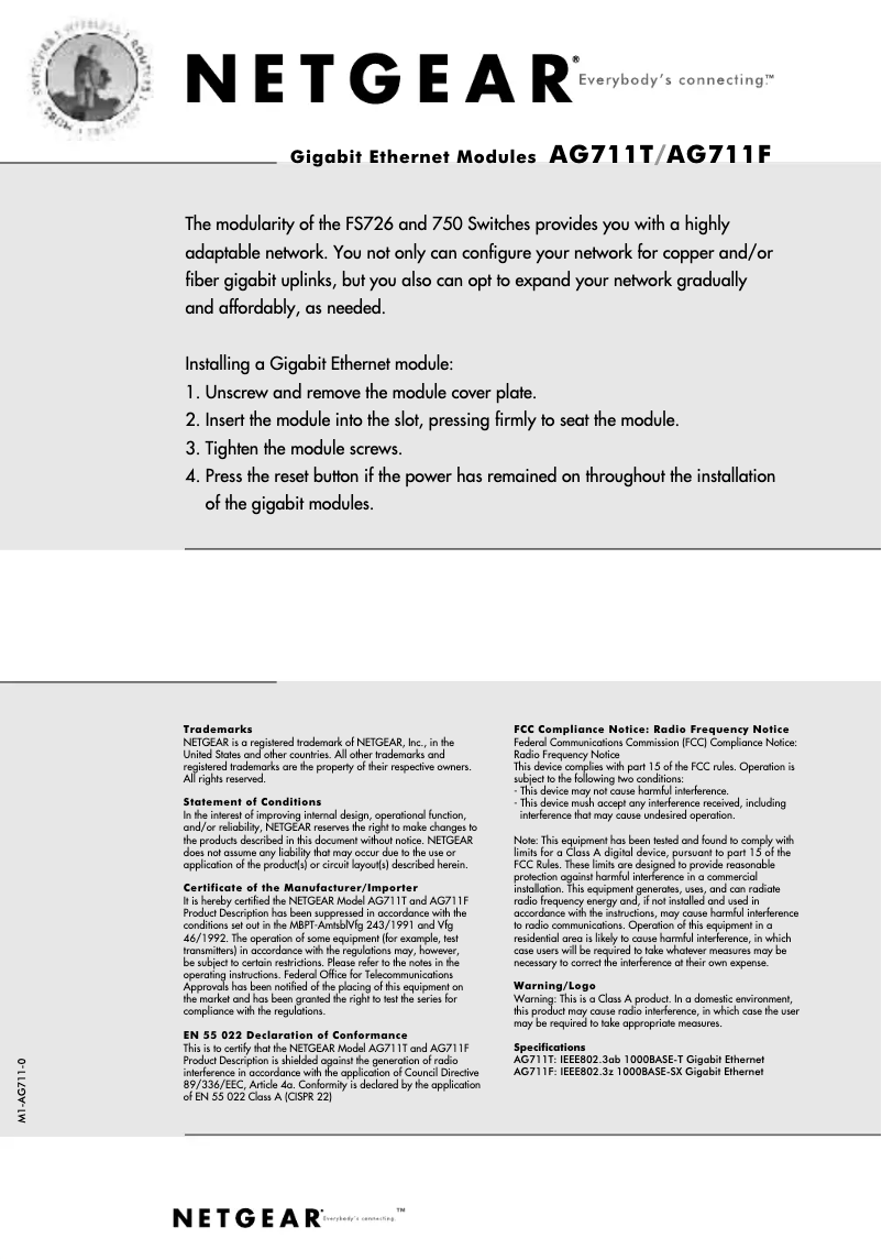 Page n°1 - Manuel utilisateur Netgear AG711T