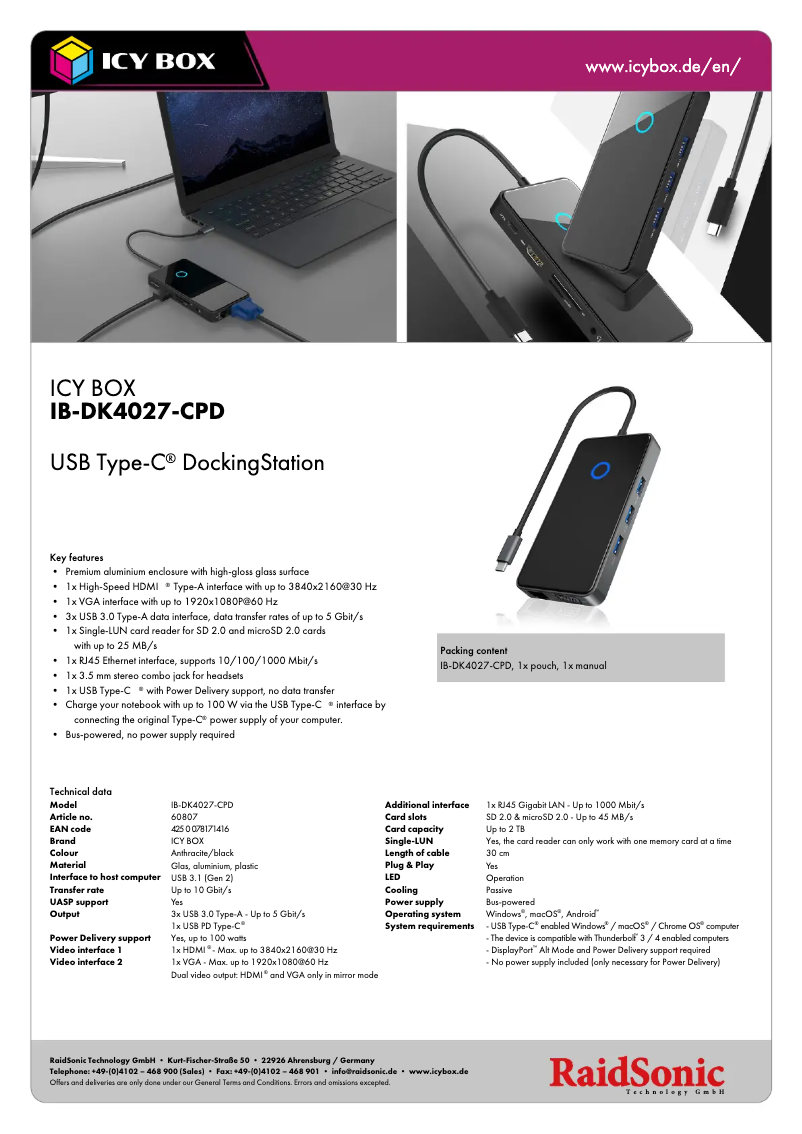 Page 1 de la notice Fiche technique Icy Box IB-DK4027-CPD