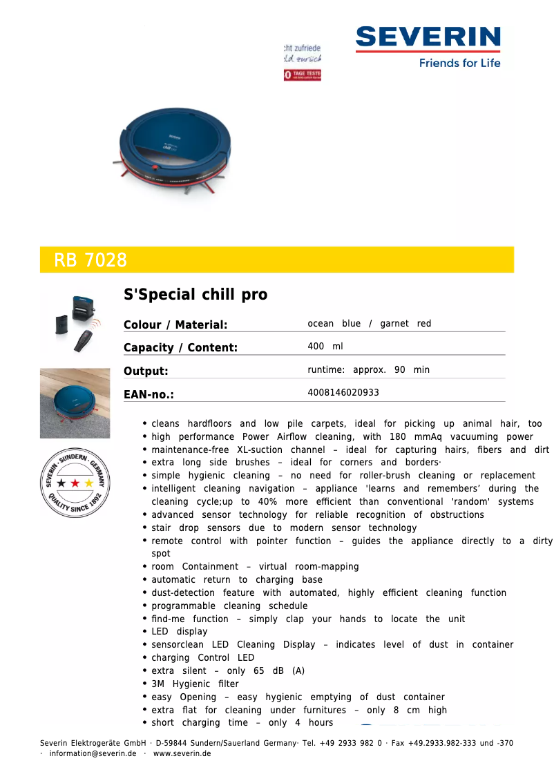 Page 1 de la notice Fiche technique Severin RB 7028