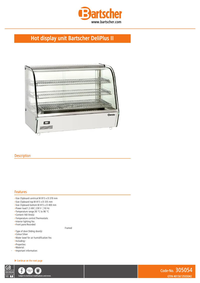 Page 1 of the manual Technical Sheet Bartscher DeliPlus II 305054