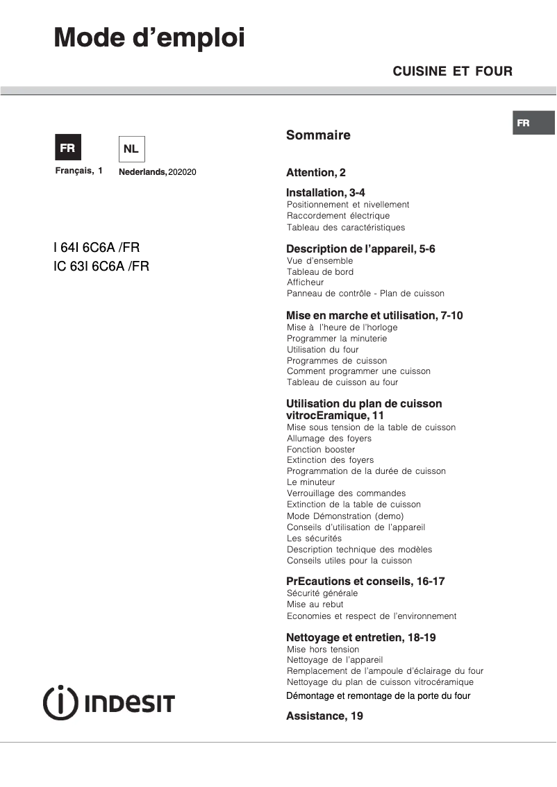 Page 1 de la notice Manuel utilisateur Indesit IC63I 6C6A(W)/FR