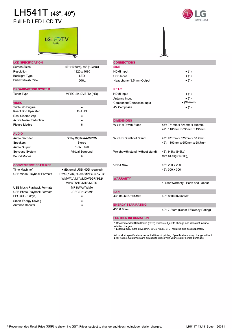 Página 1 del manual Ficha técnica LG 49LH541T