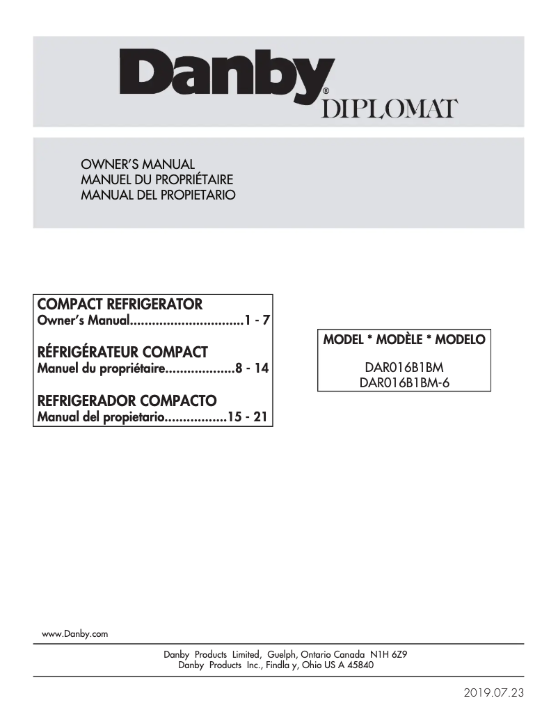 Page n°1 - Manuel utilisateur Danby DAR016B1BM-6