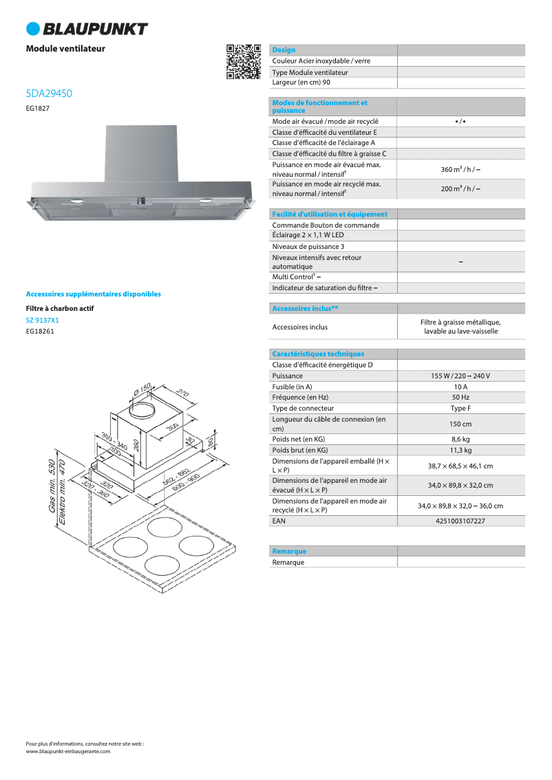 Page 1 de la notice Fiche technique Blaupunkt 5DA29450