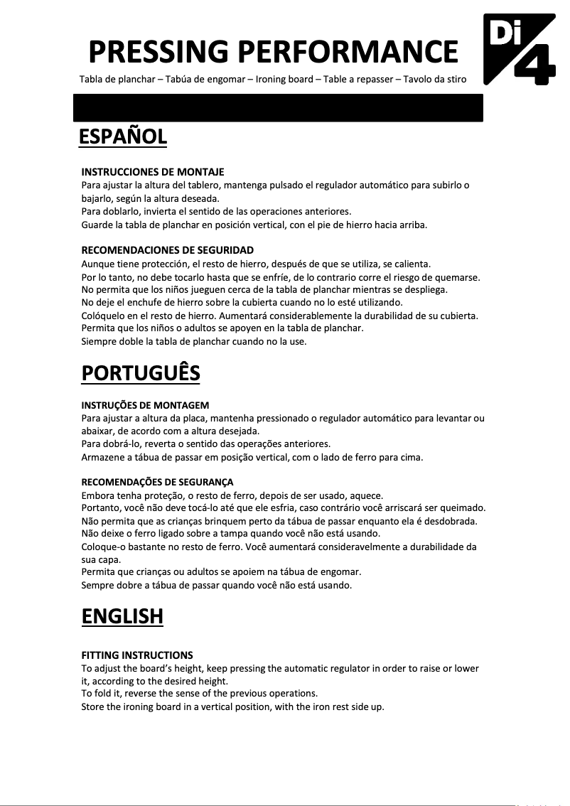 Page n°1 - Manuel utilisateur Di4 Pressing Performance