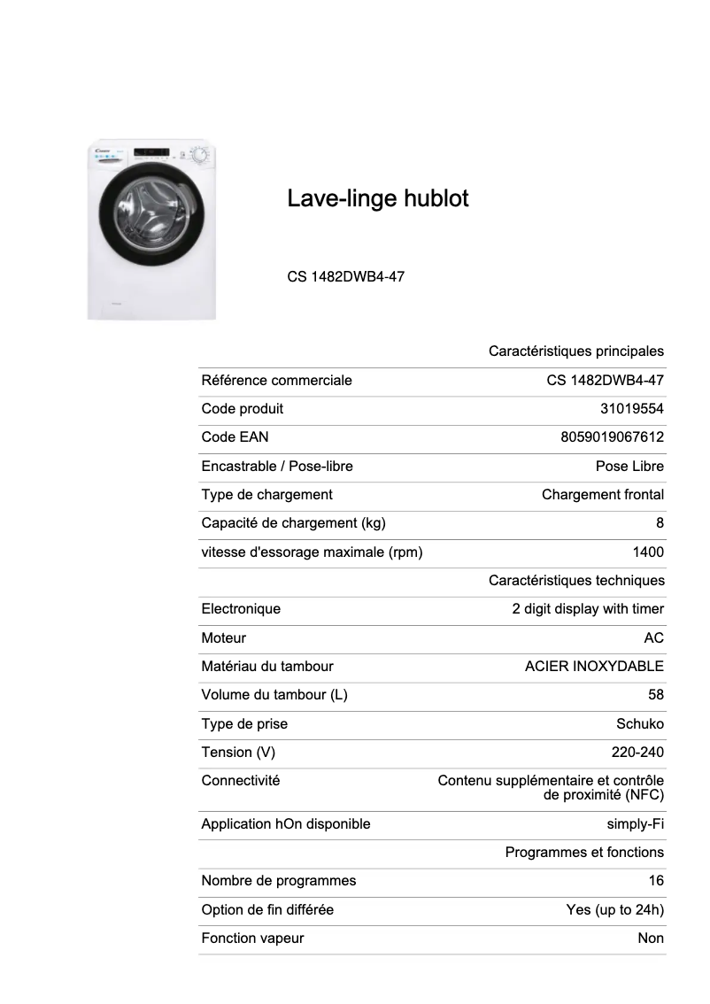 Page 1 de la notice Fiche technique Candy CS 1482DWB4-47