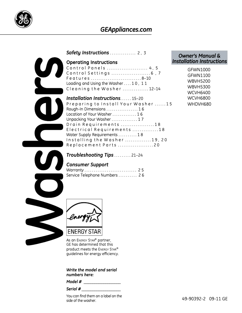 Page n°1 - Manuel d'utilisation et d'entretien GE Adora WHDVH680JWW